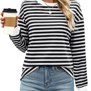 Brand New Women's Tunic Top - Long Sleeve, Striped, Crewneck, Black/White, Small